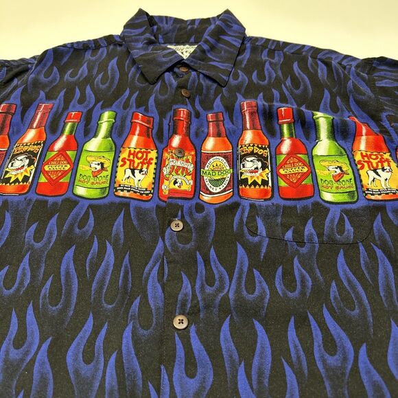 Big Dogs Shirt Adult Large Button Up Hot Sauce Flames Hawaiian Short Sleeve Mens - Picture 4 of 12